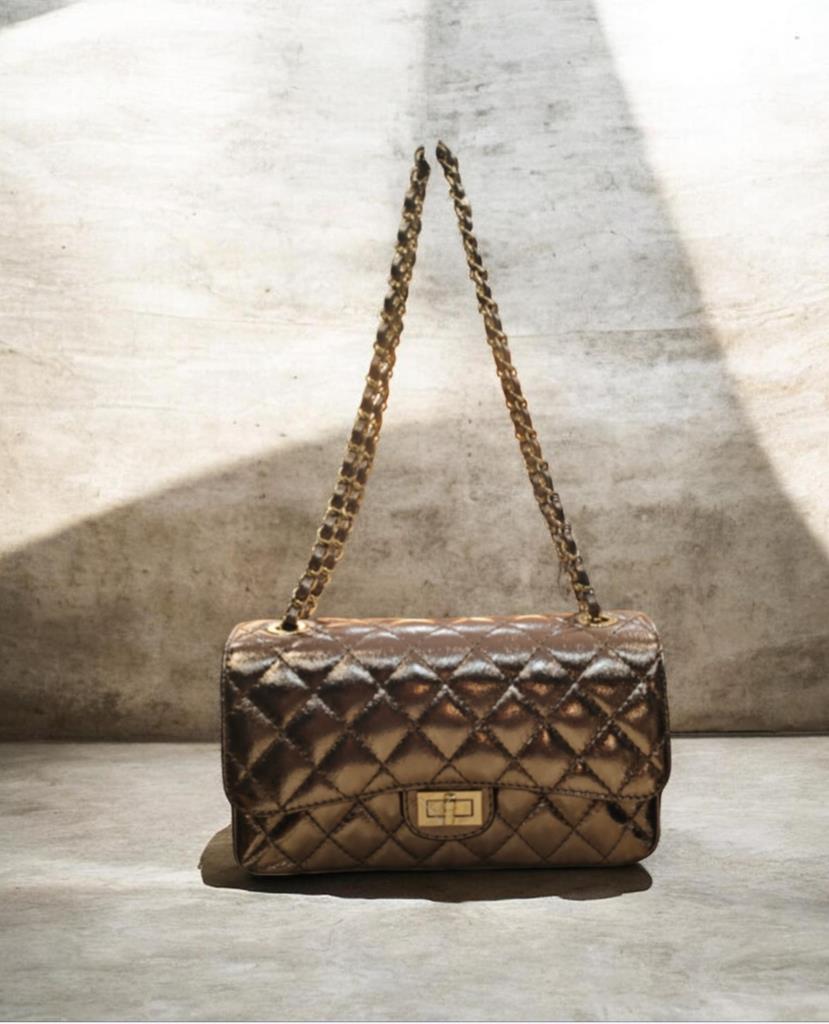 Bolso Cadena Piel Acolchado Bronce