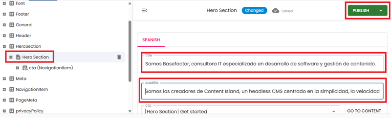 change title subtitel section es