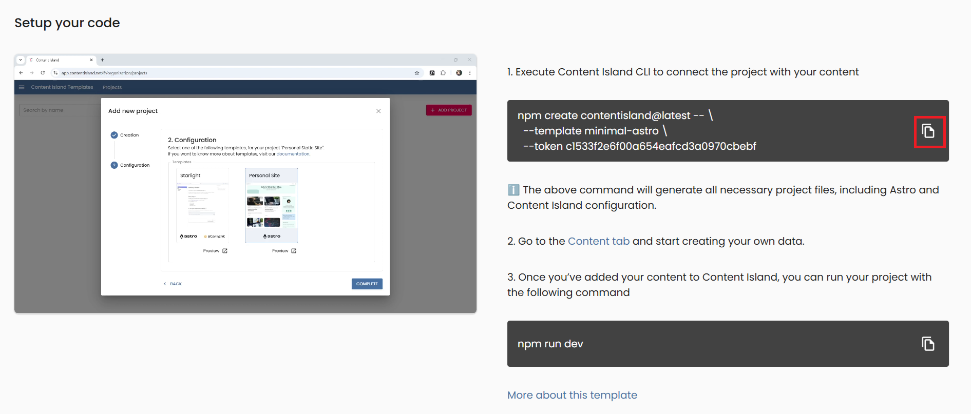 A command to create the project from the terminal is shown