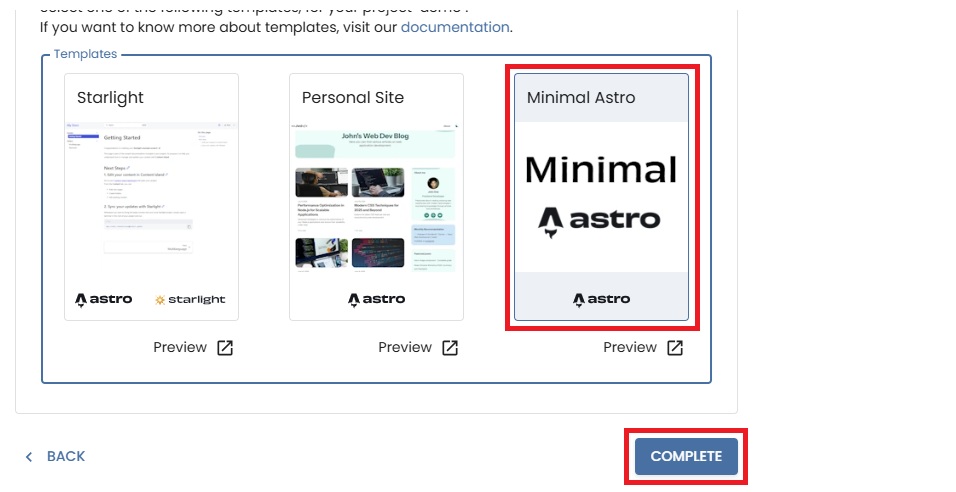 Choose minimal Astro template