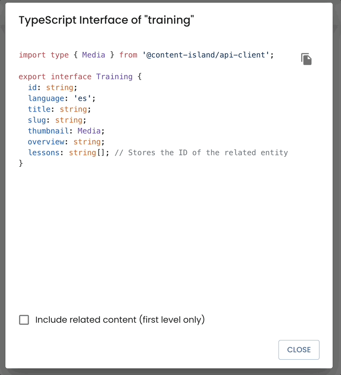 Por defecto se genera el interfaz en TypeScript con colección de cursos como un array de ids, si pulsamos en generar contenido relacionado se trae la lista de lecciones completa