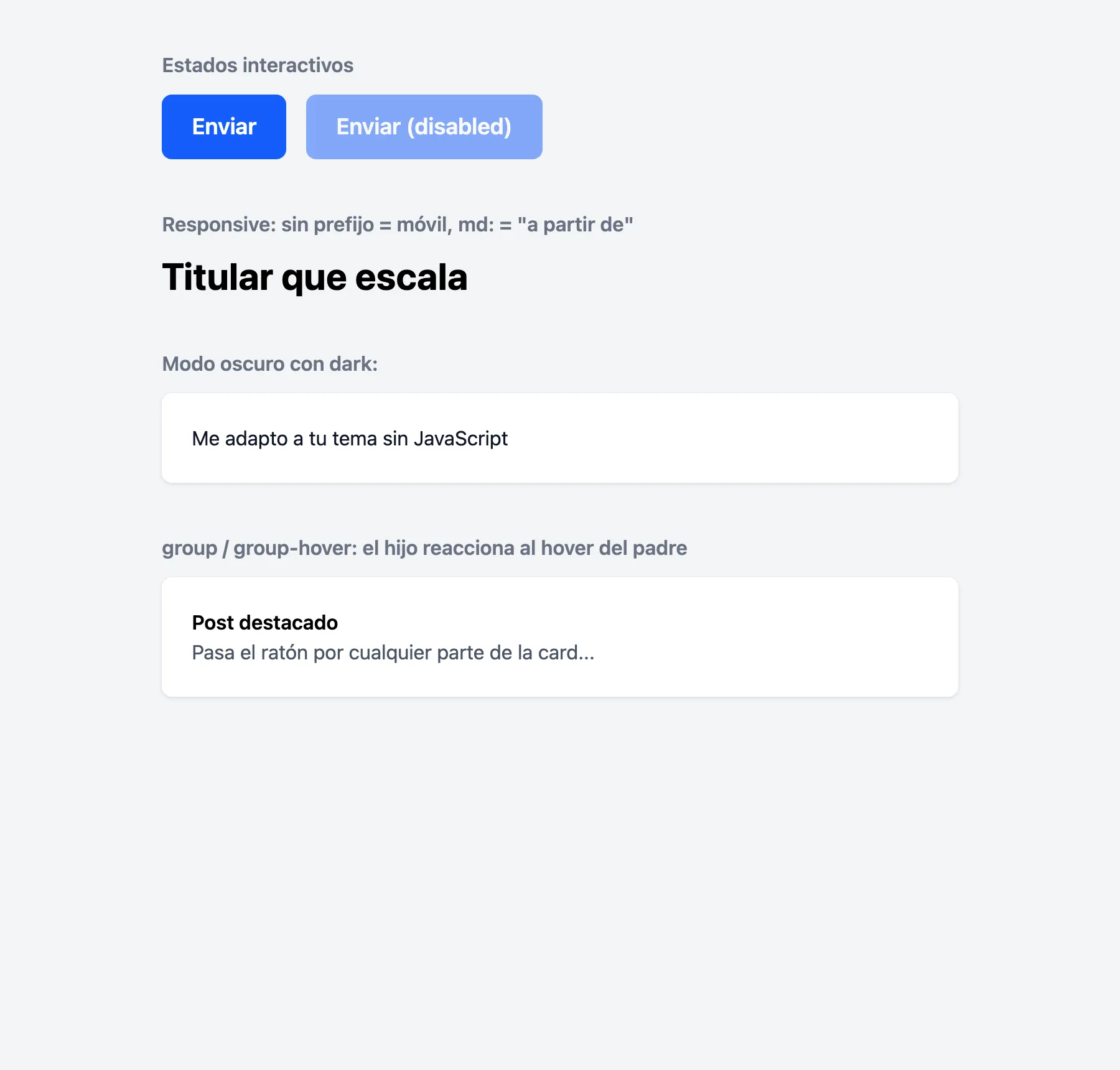 La demo de variantes en modo claro: botones con estados, titular responsive y cards