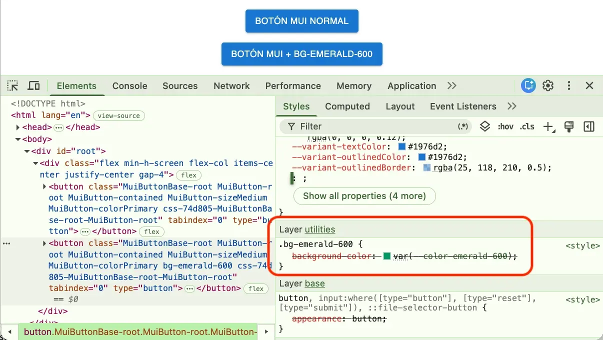DevTools sobre el segundo botón: la regla .bg-emerald-600 aparece, pero con su background-color tachado; la regla de MUI gana