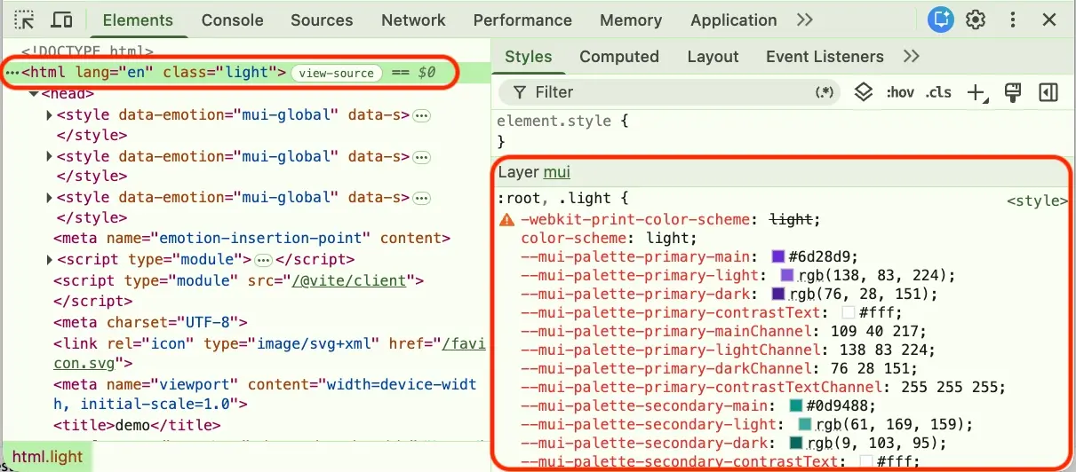 Tokens de MUI como variables CSS