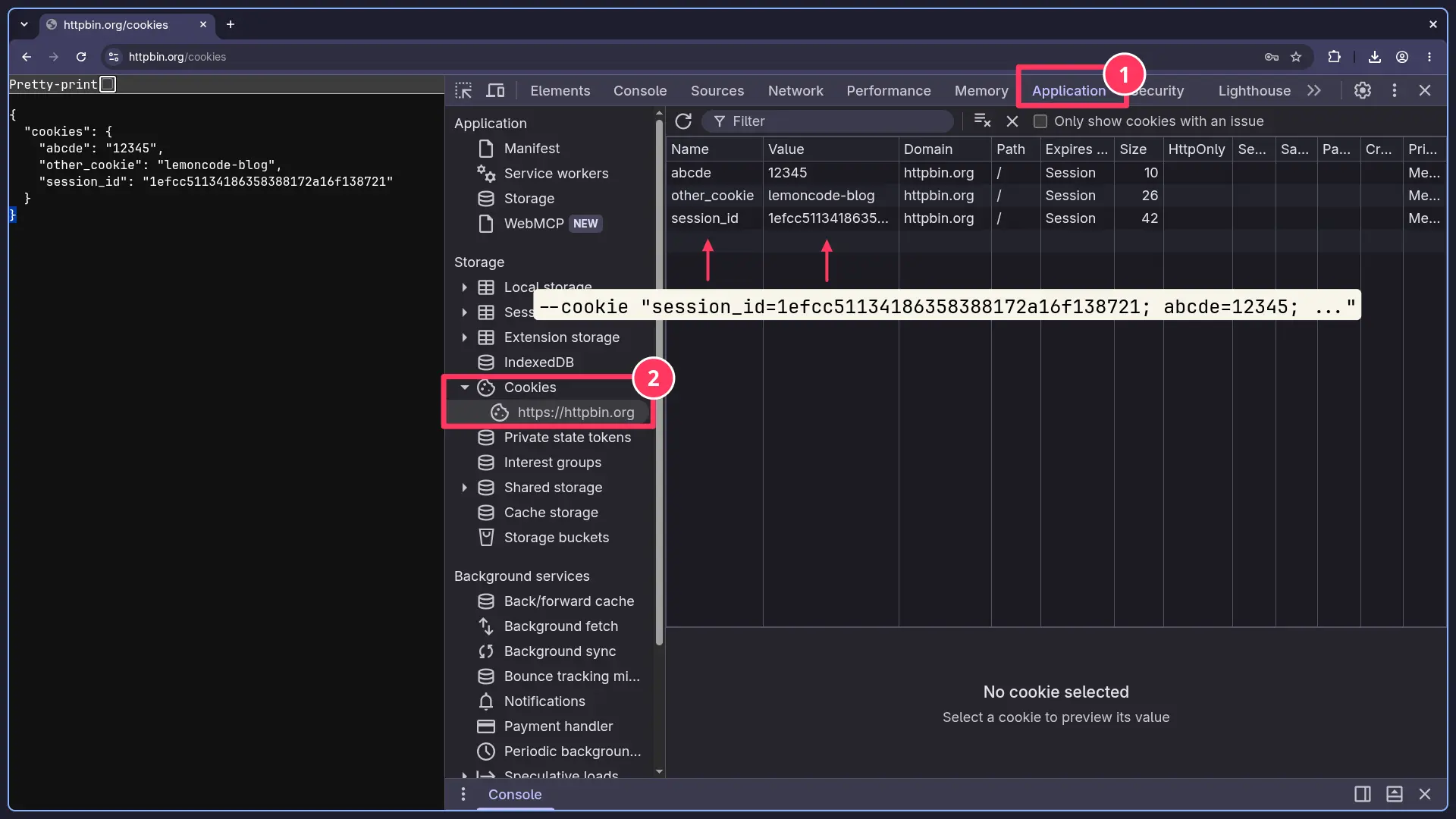 Obtener cookie desde devtools: Acceder a Application, apartado Cookies, seleccionar el dominio del que queremos extraer la cookie, buscamos la cookie por nombre y valor